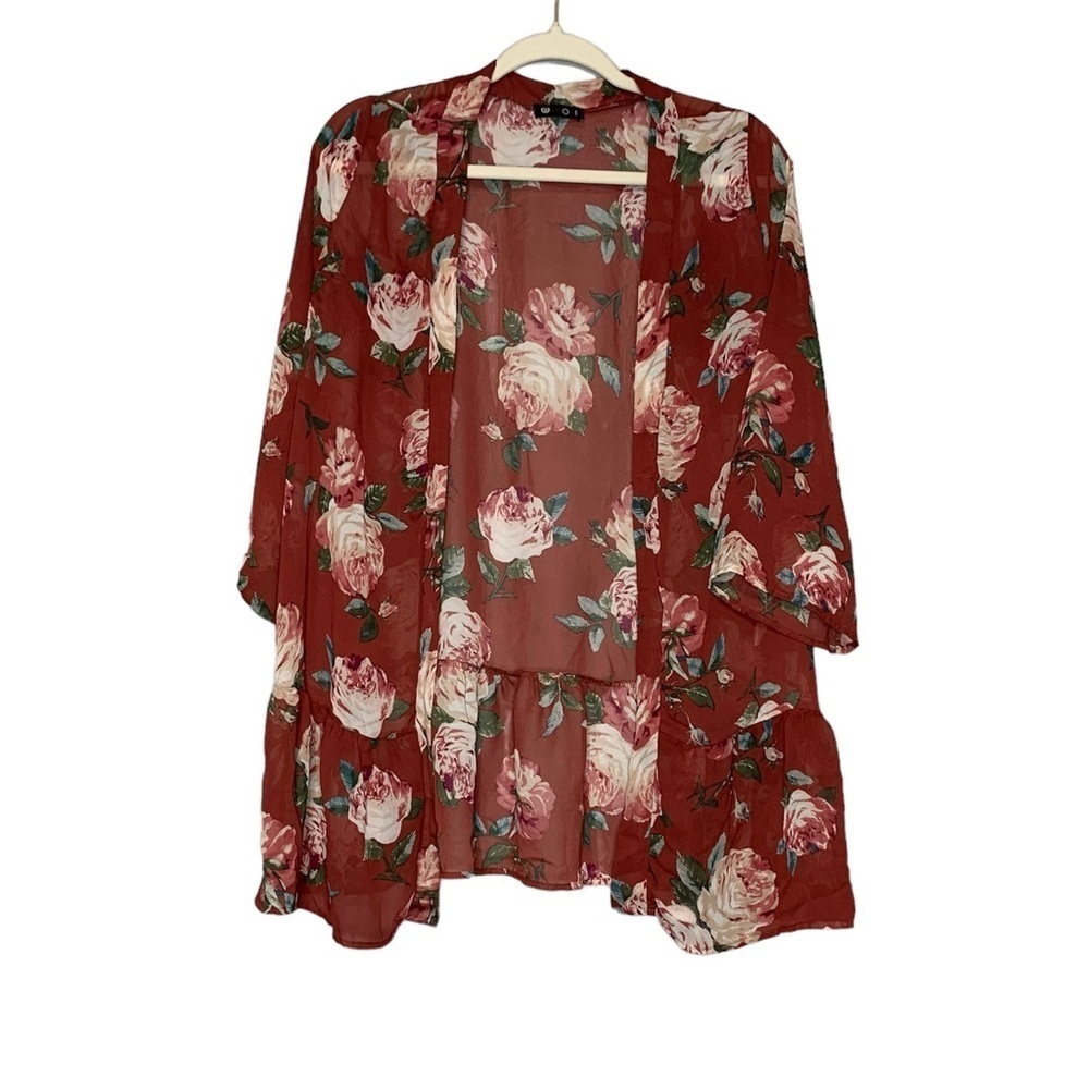 Vision sheer ruffle hemmed sheer floral rust/maroon cardigan‎ kaftan Size M